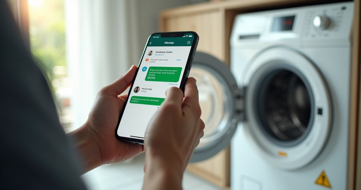 Pessoa fotografando defeito em máquina de lavar para enviar por WhatsApp na assistência técnica