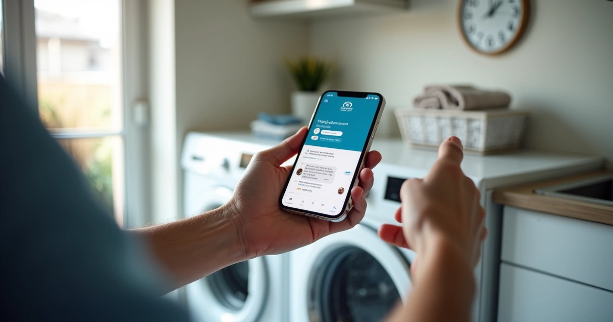 Pessoa segurando celular com app e WhatsApp lado a lado em cenário doméstico