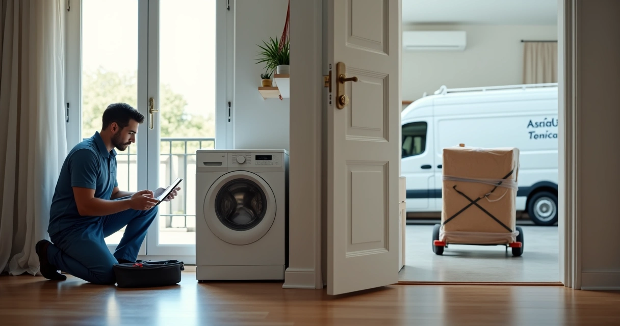 Técnico avaliando máquina de lavar na sala com van de assistência estacionada do lado de fora