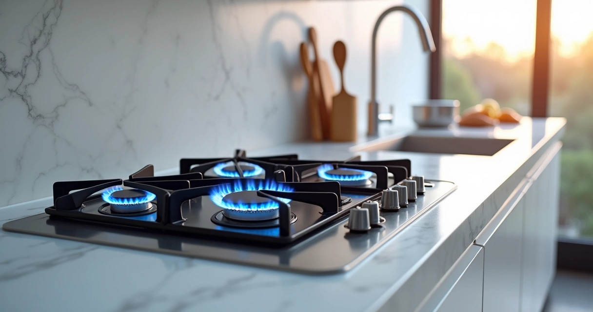 Dois cooktops instalados lado a lado em bancada de cozinha moderna, um a gás com chamas acesas e outro elétrico com superfície de vidro preto
