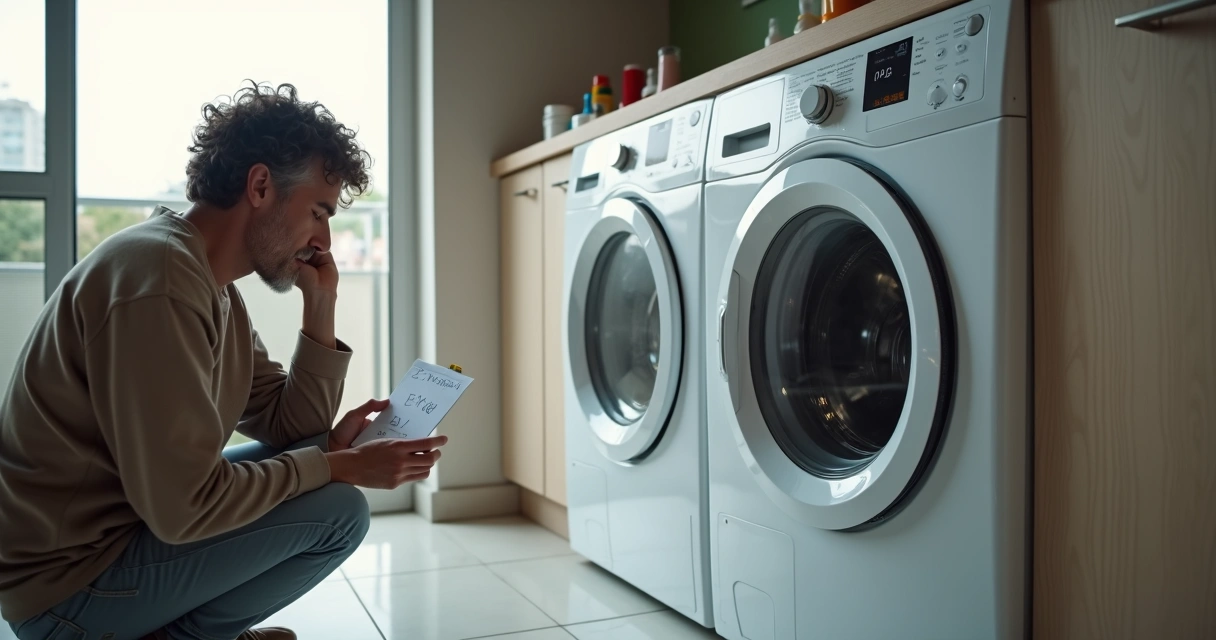 Morador observando máquina de lavar em funcionamento com foco em som e vibração excessiva