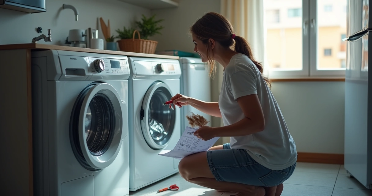 Mulher verificando partes internas de máquina de lavar aberta com lanterna e checklist