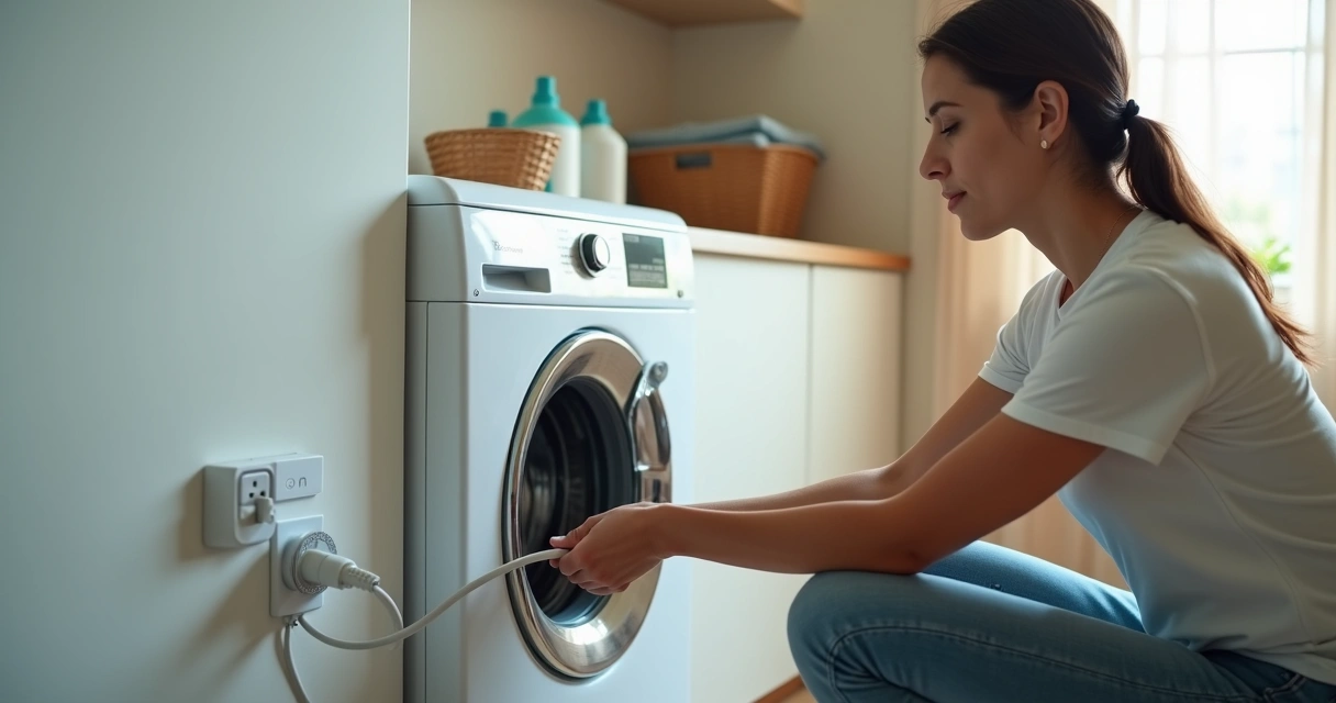 Mulher checando tomada e cabo de lavadora para garantir segurança elétrica
