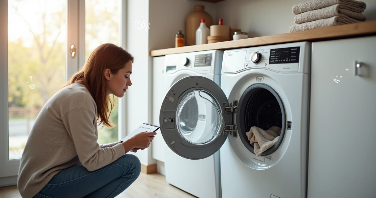 Moradora escutando barulho estranho de secadora aberta na lavanderia