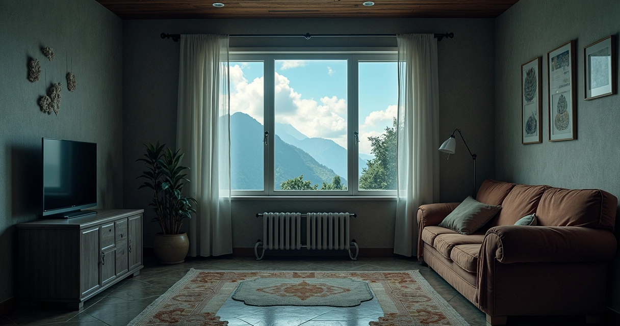 Sala com eletrodomésticos desligados após tempestade, com janela mostrando céu nublado e chão úmido