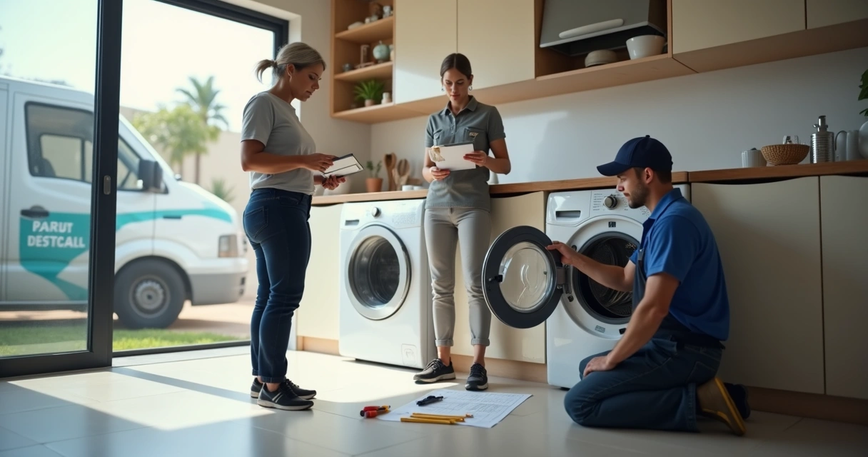 Dona de casa avaliando empresa de assistência e técnico autônomo para conserto de máquina de lavar