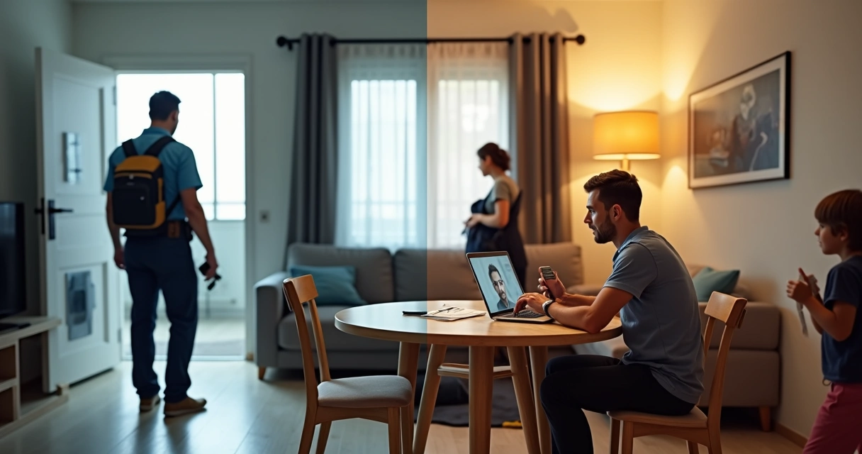 Família ocupada dividida entre atendimento técnico remoto e presencial na sala de casa