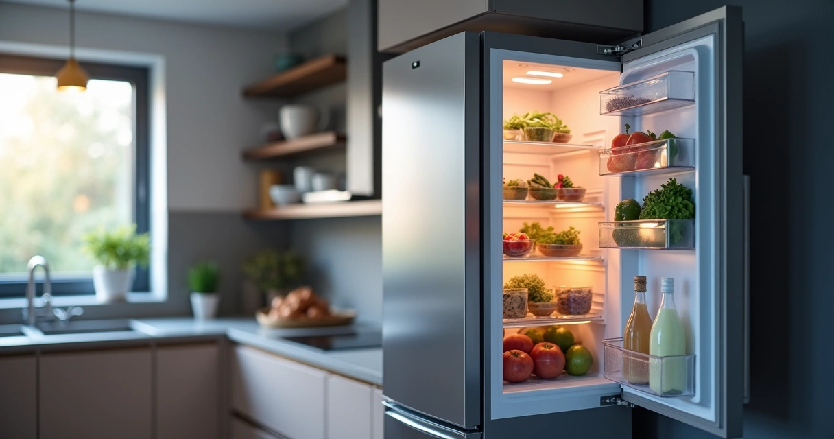 Geladeira aberta com setor superior visivelmente mais quente e menor formação de gelo