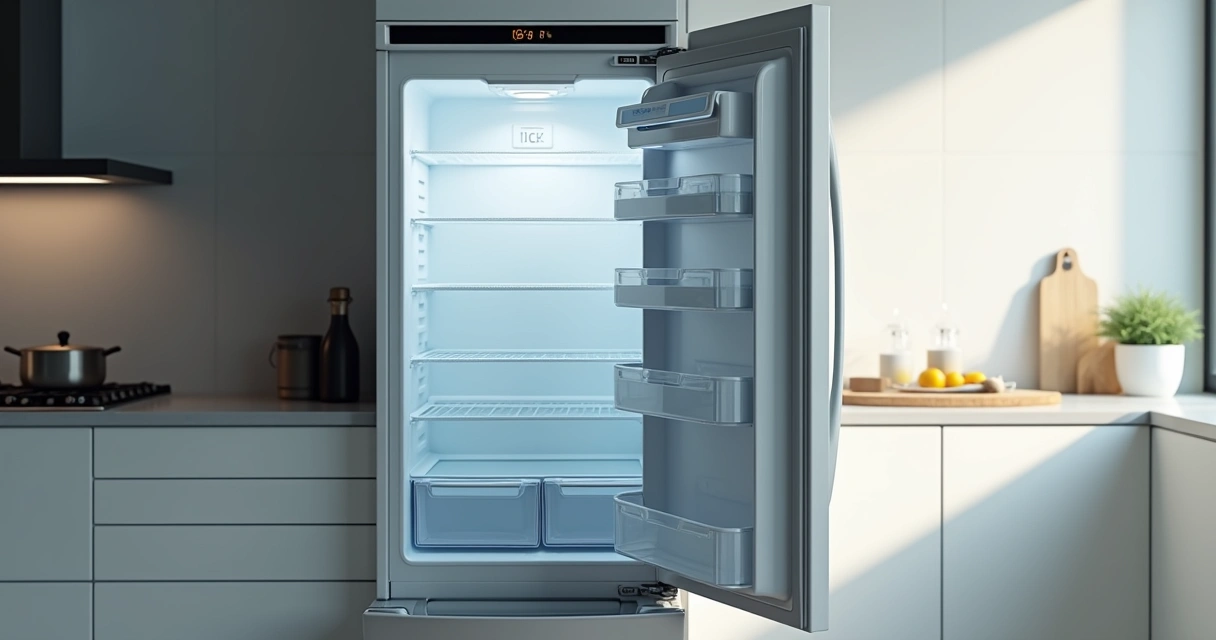 Geladeira aberta e desligada com luz interna apagada em cozinha moderna