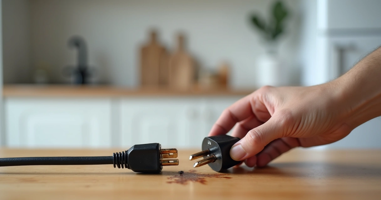 Mão inspecionando cabo e plugue de eletrodoméstico com sinais de desgaste