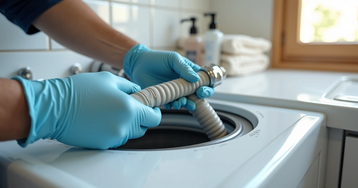 Mão verificando rachaduras em mangueira de lavadora desmontada