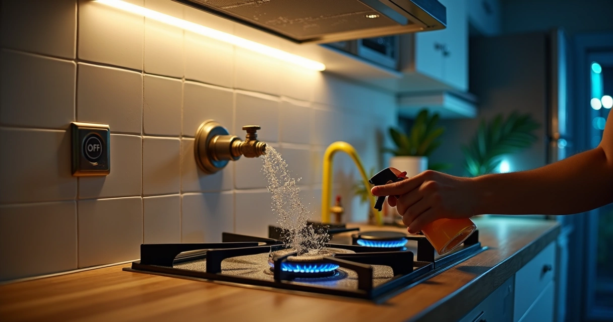 Morador verificando vazamento de gás com espuma em conexão de fogão na cozinha