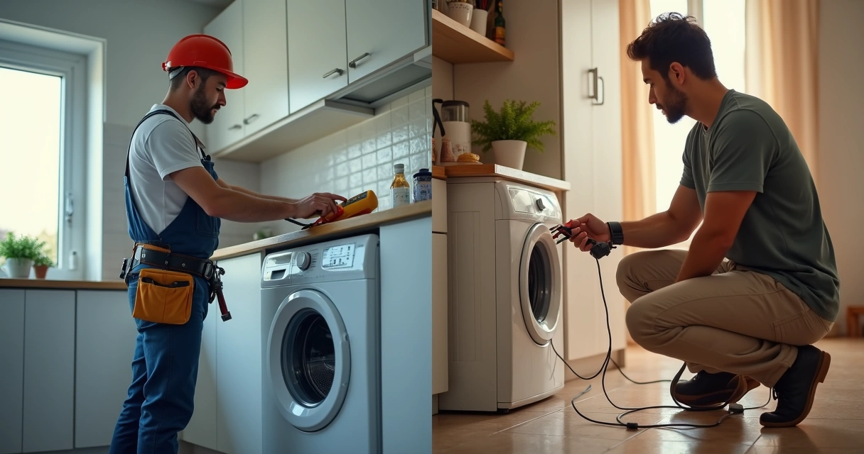 Comparação entre eletricista profissional e moradora instalando eletrodoméstico