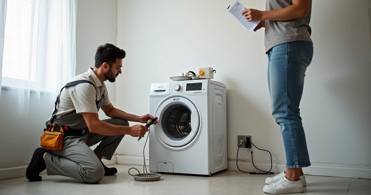 Técnico apontando erro na instalação de máquina de lavar em área de serviço