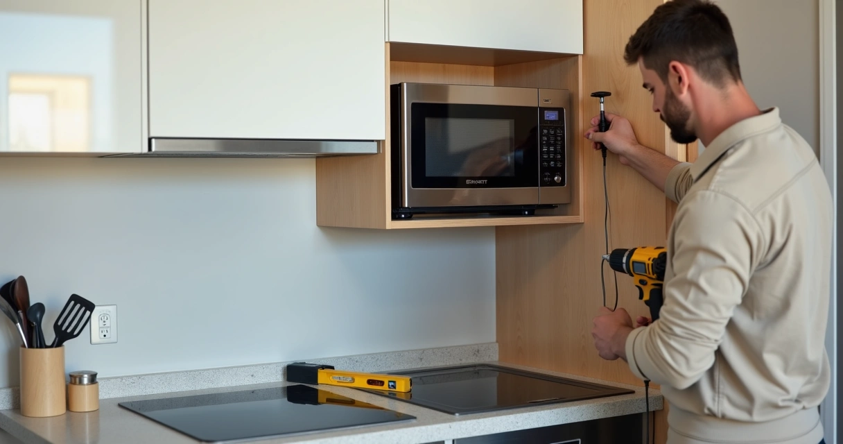 Técnico instalando micro-ondas em cozinha pequena acima da bancada