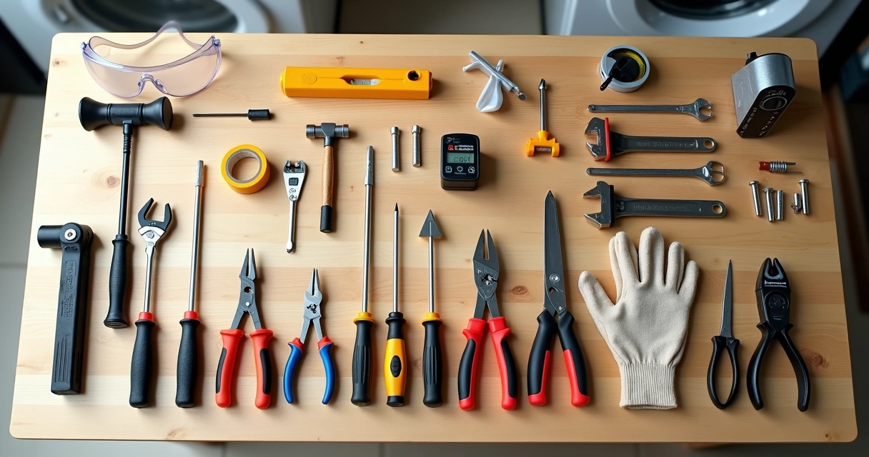 Kit básico de ferramentas domésticas organizado em cima de bancada de madeira