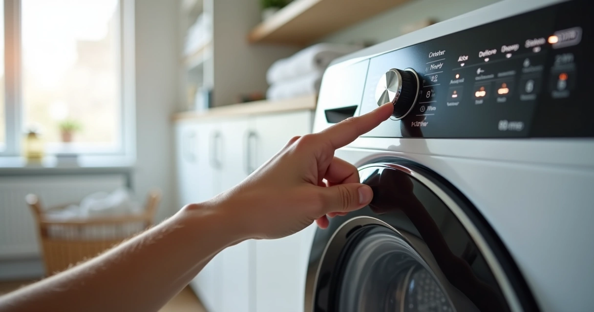 Pessoa conferindo ciclo automático no painel digital da lavadora
