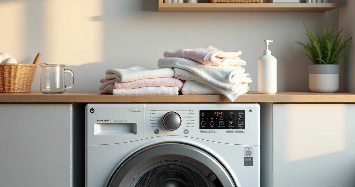 Lavadora moderna com ciclo delicado lavando roupas de bebê claras