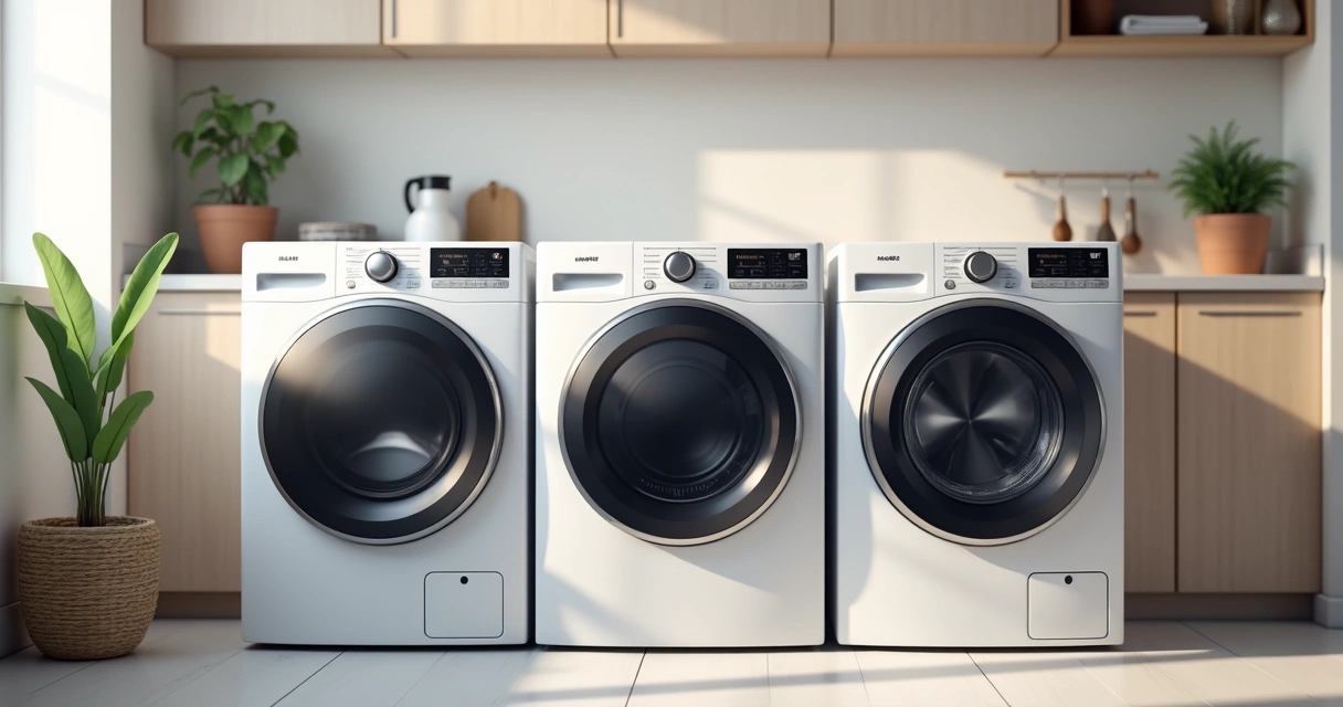 Três lavadoras modernas das marcas LG, Samsung e Electrolux alinhadas lado a lado em ambiente claro de lavanderia