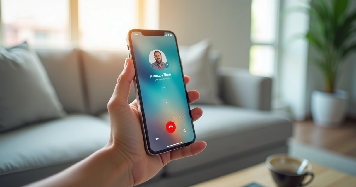 Pessoa segurando celular com tela aberta em chamada para assistência técnica