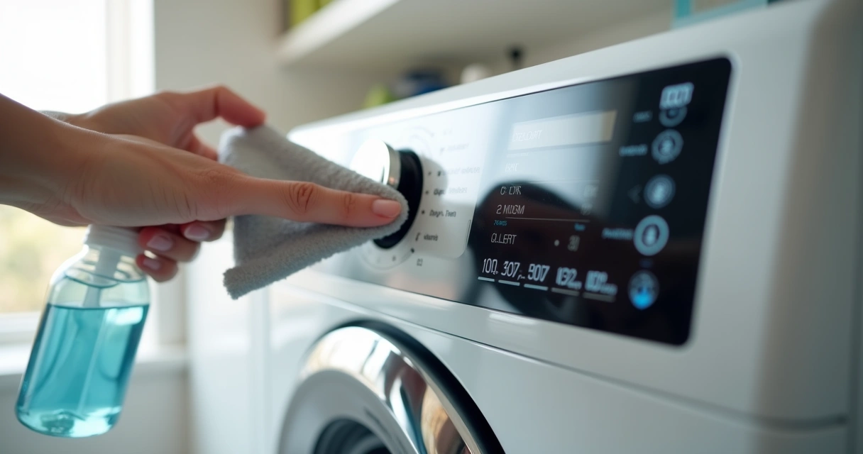Pessoa limpando painel digital de eletrodoméstico com pano de microfibra