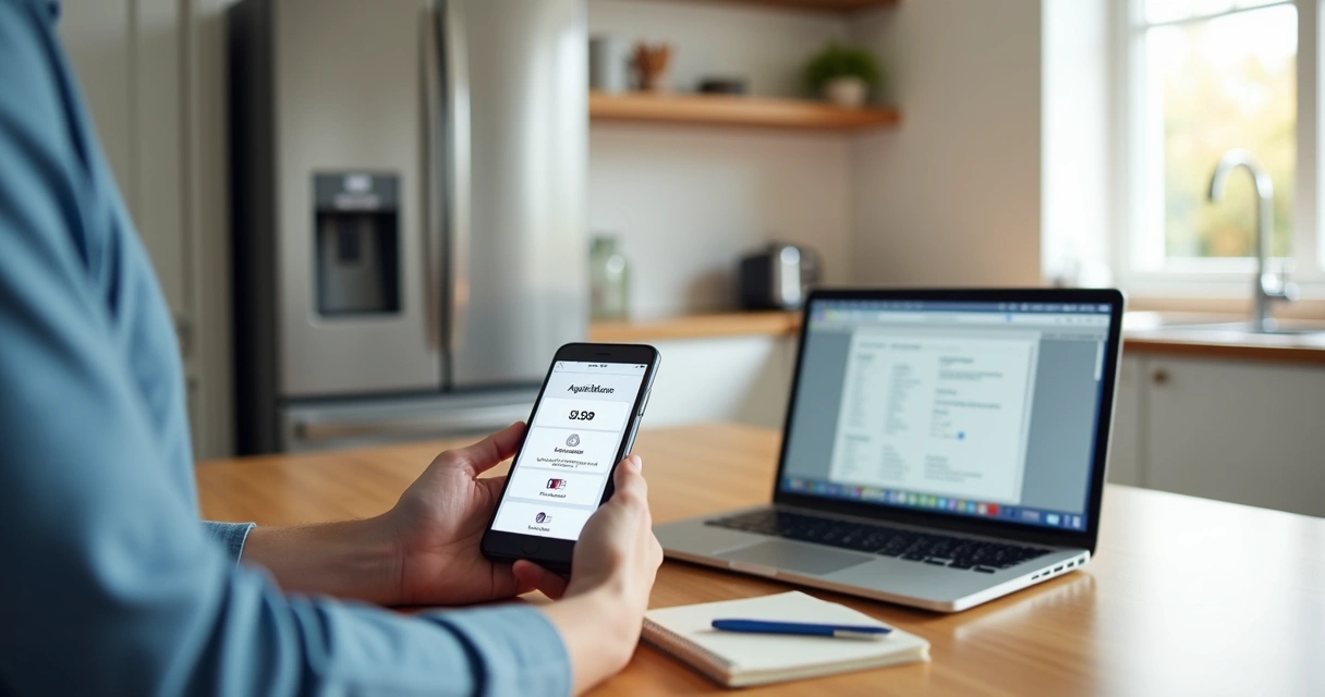Pessoa acessando manual digital de eletrodoméstico no celular ao lado do notebook na cozinha