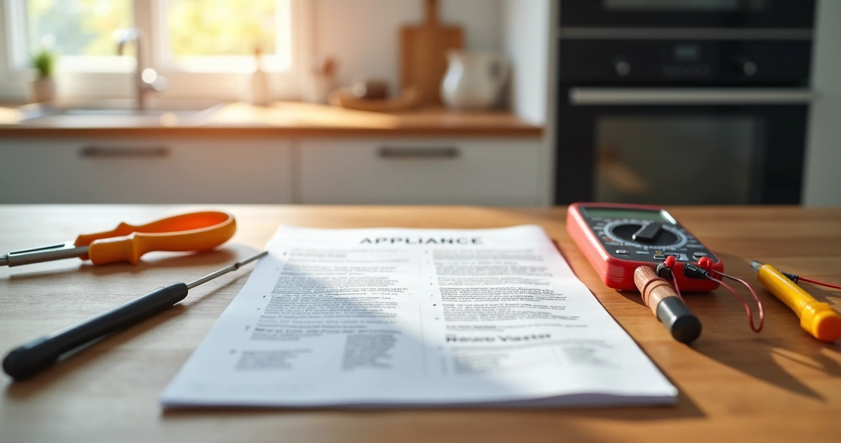 Manual de eletrodomésticos aberto sobre mesa organizada com ferramentas de reparo ao lado