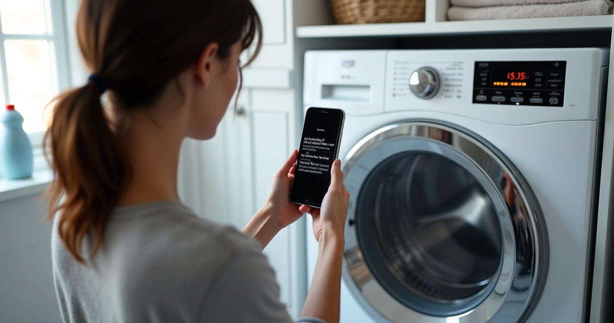 Mulher filmando painel digital de máquina de lavar com o celular para mostrar erro