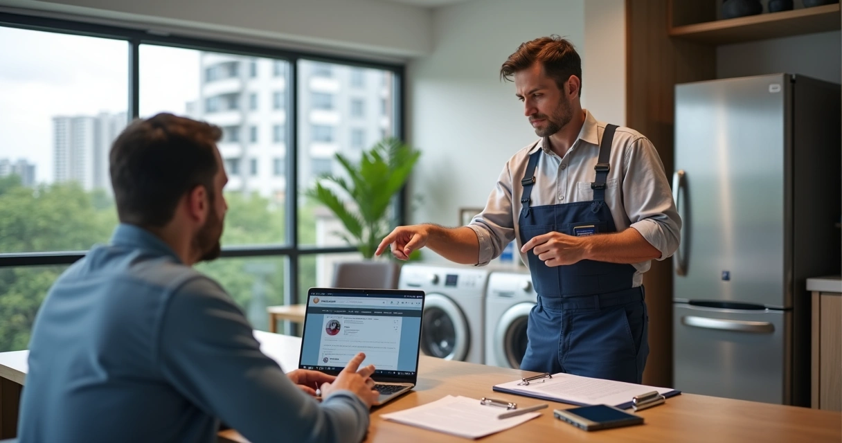 Técnico de assistência mostrando opções de orçamento online, por telefone e presencial para cliente em Curitiba
