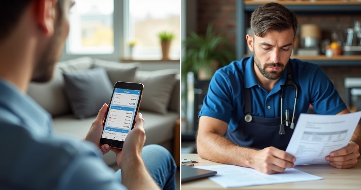 Comparação entre orçamento rápido online no celular e orçamento presencial com técnico em loja