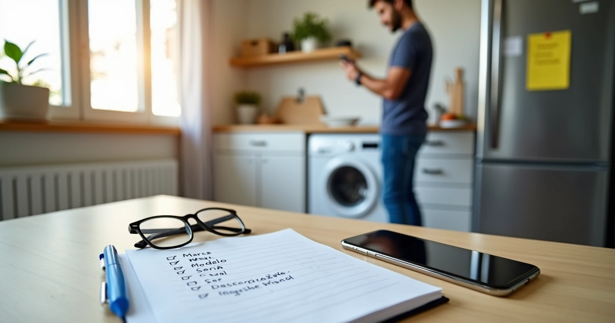 Morador fotografando eletrodoméstico com lista de informações ao lado