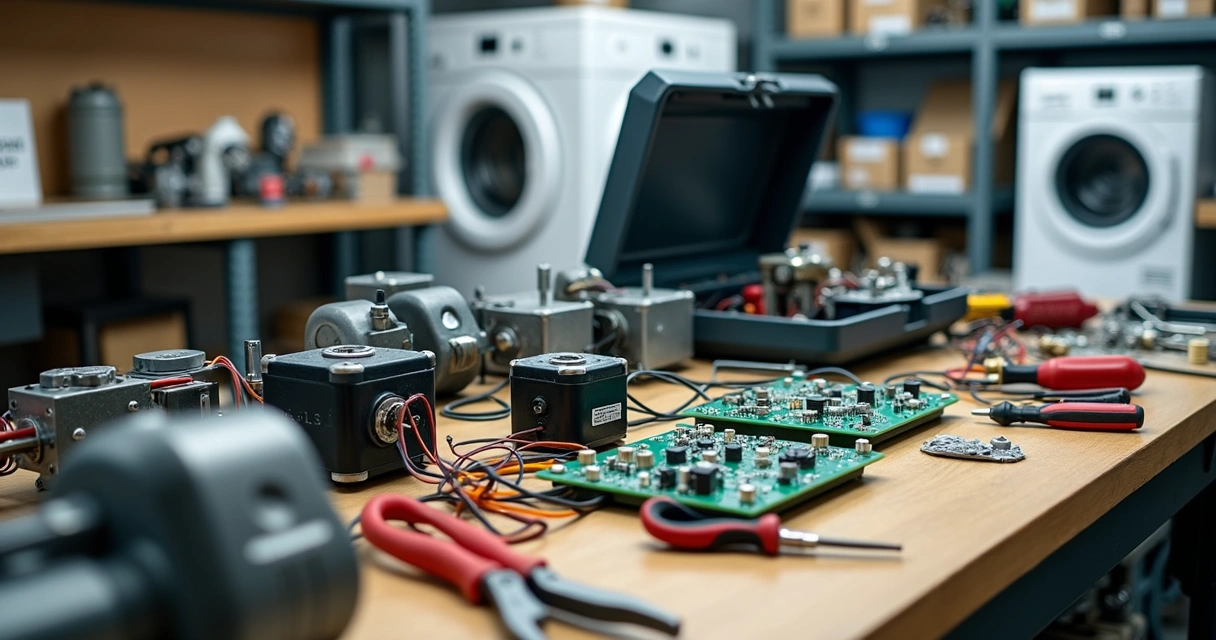 Peças usadas para conserto de eletrodomésticos organizadas sobre uma bancada de oficina técnica