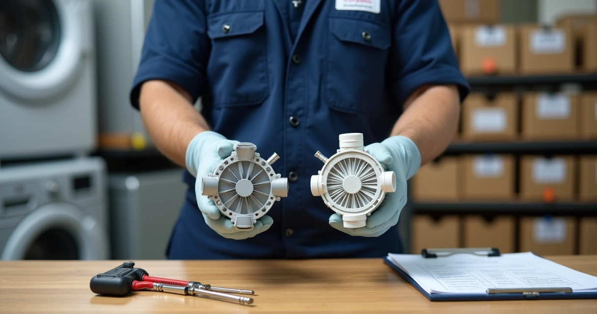 Técnico segurando peça nova e recondicionada de máquina de lavar lado a lado em bancada de oficina