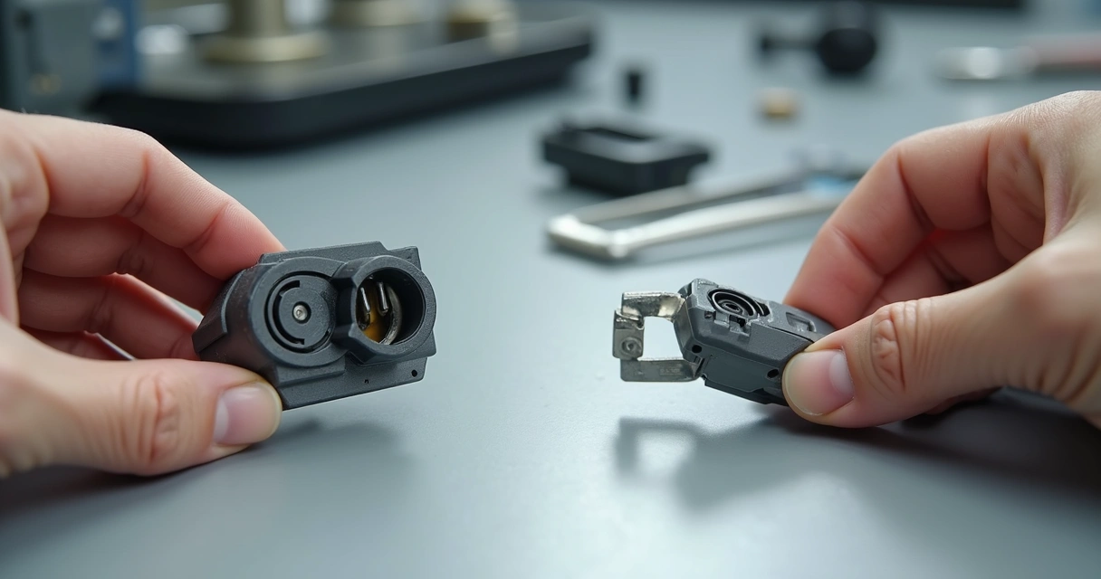 Duas mãos segurando peças de eletrodomésticos lado a lado, uma peça original com marca reconhecida e uma peça paralela genérica, sobre uma superfície clara e técnica