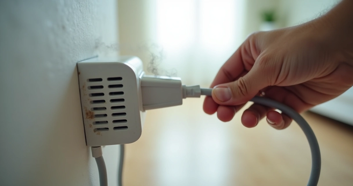 Pessoa desligando aparelho doméstico com fumaça leve saindo das grades de ventilação