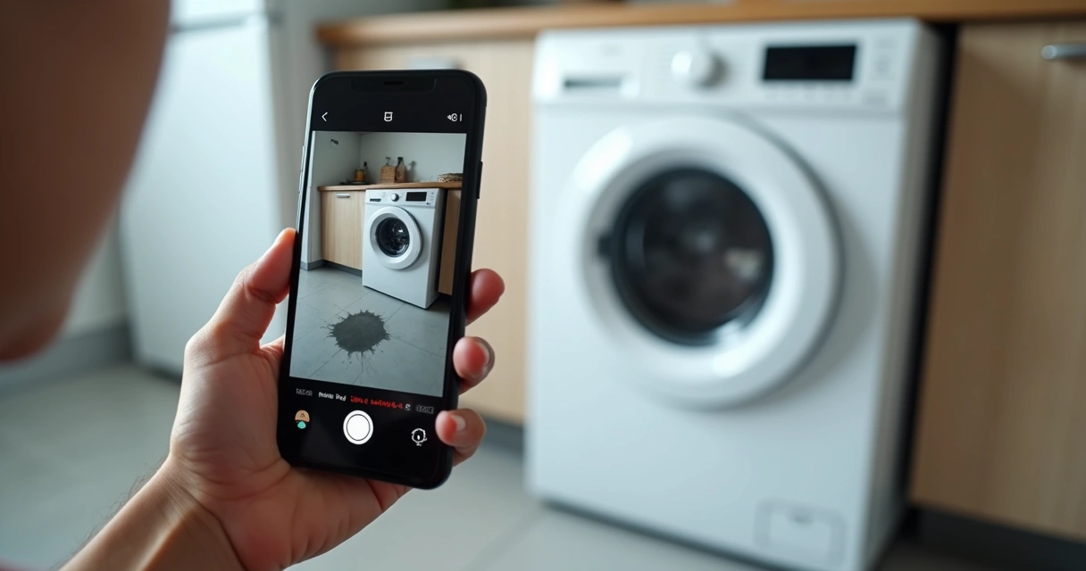 Pessoa gravando defeito de máquina de lavar com o celular em cozinha moderna
