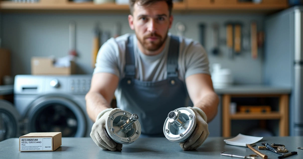 Técnico compara peça nova e peça recondicionada de máquina de lavar em bancada de oficina