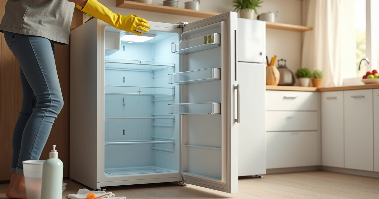 Pessoa ajustando prateleira e limpando interior de geladeira aberta na cozinha
