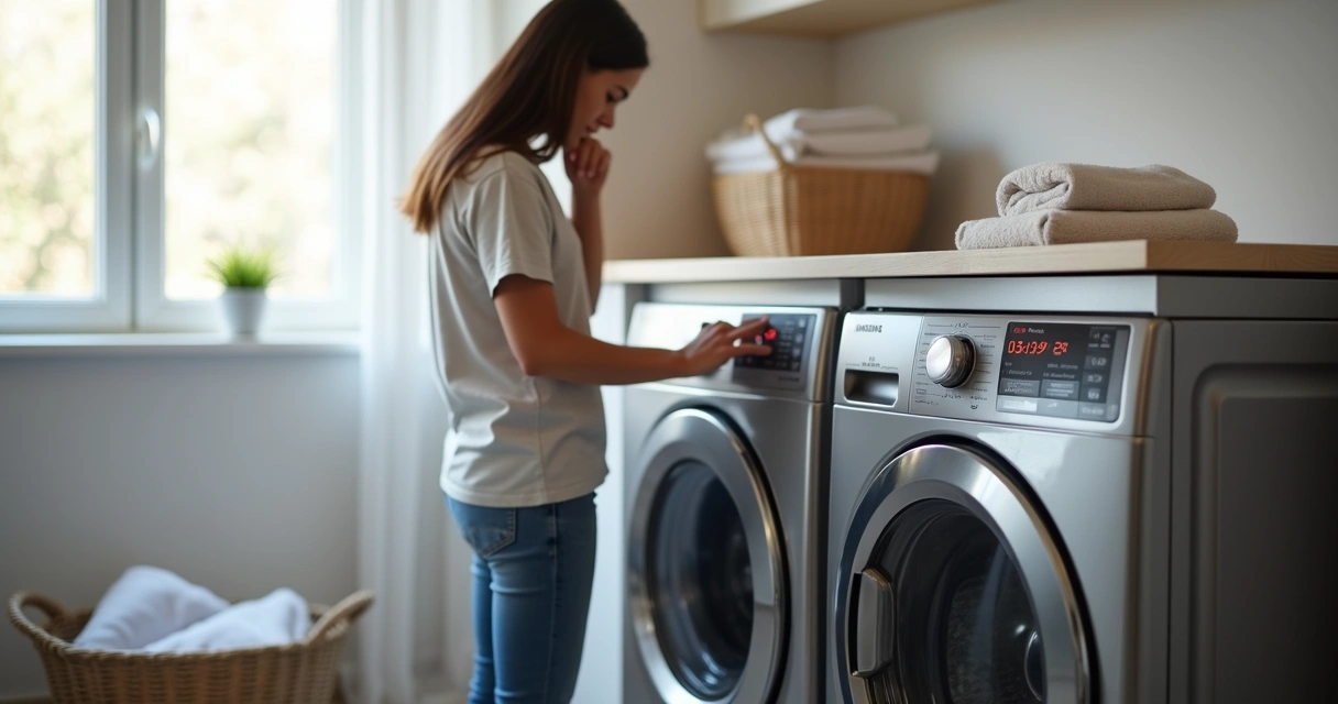 Mulher observando painel de secadora Samsung com código de erro aceso