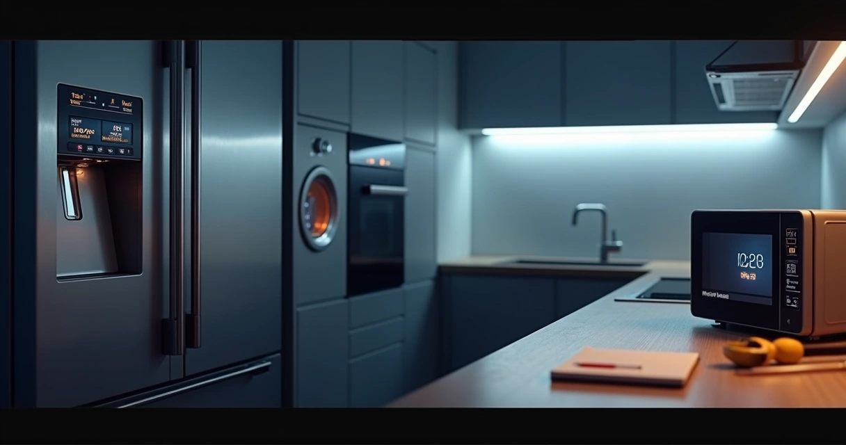 Cozinha com eletrodomésticos Samsung exibindo alerta de falha no painel