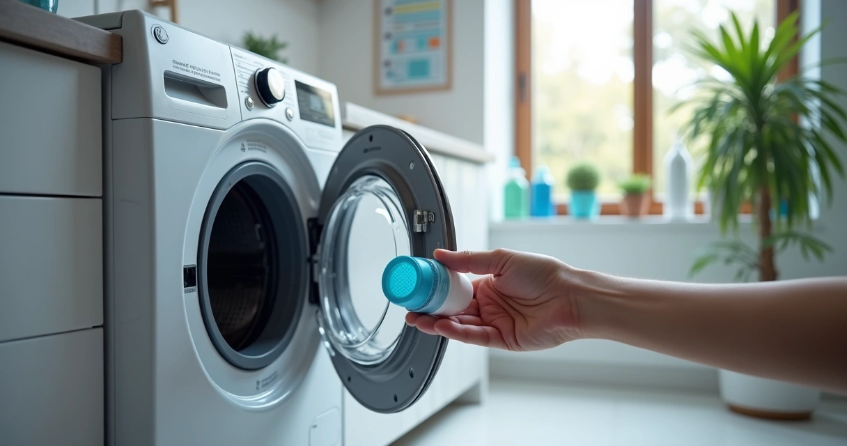 Mão segurando filtro de substituição em máquina de lavar roupa LG aberta