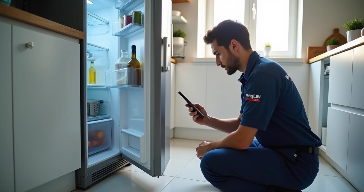 Técnico analisando ruído em refrigerador com smartphone para gravar vídeo explicativo