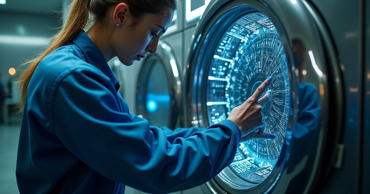 Técnico analisando painel elétrico de máquina de lavar para identificar falhas elétricas e mecânicas