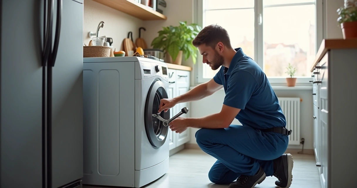Técnico especialista instalando máquina de lavar roupas em cozinha moderna