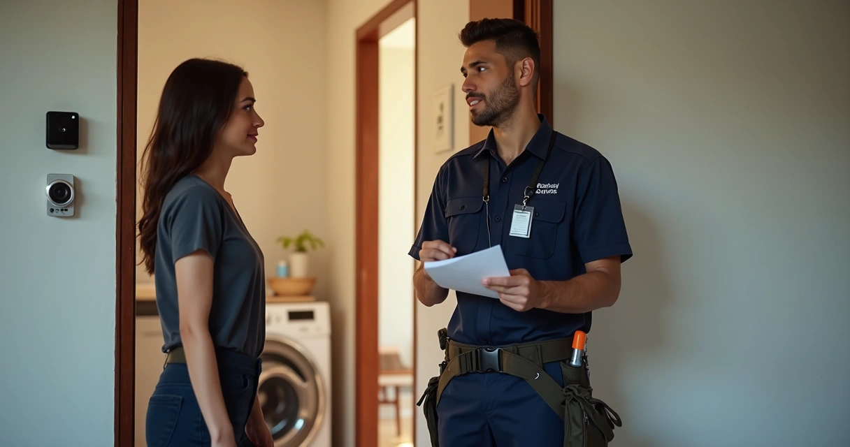Técnico de assistência técnica uniformizado sendo recebido com segurança por moradora em casa