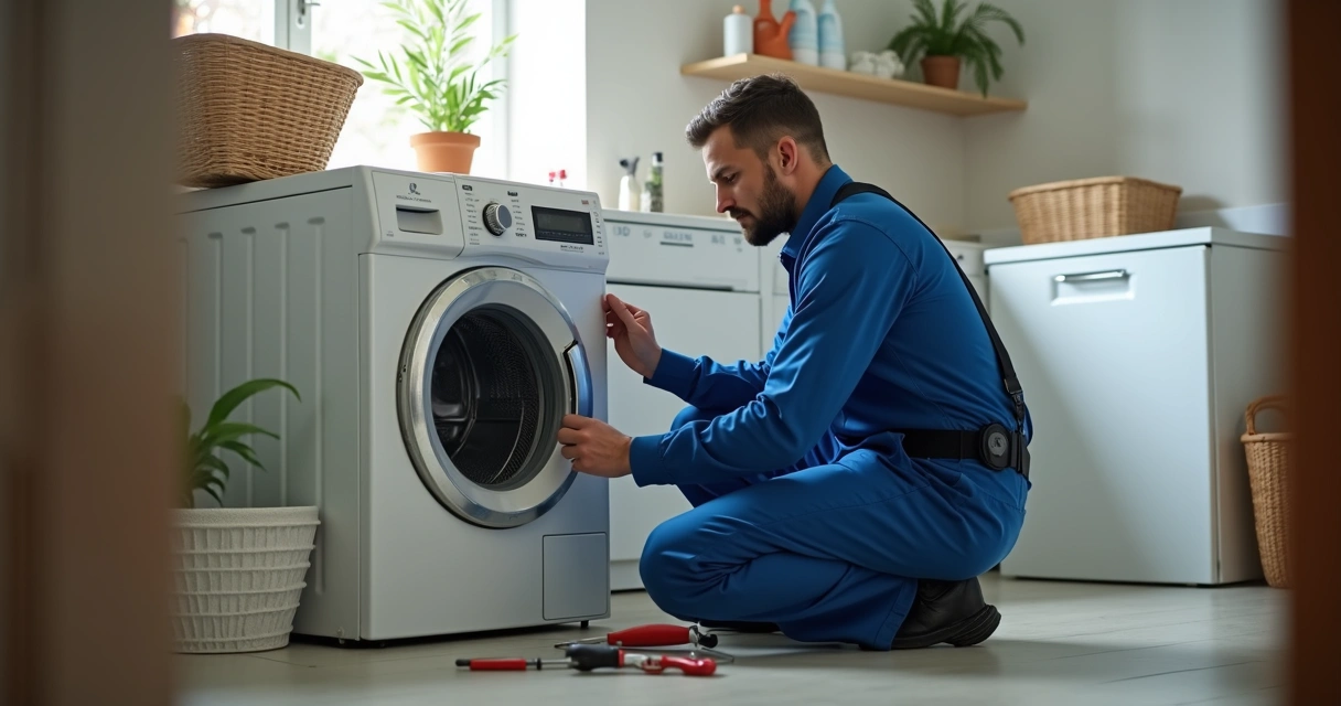 Técnico consertando uma máquina de lavar roupa antiga em ambiente residencial organizado