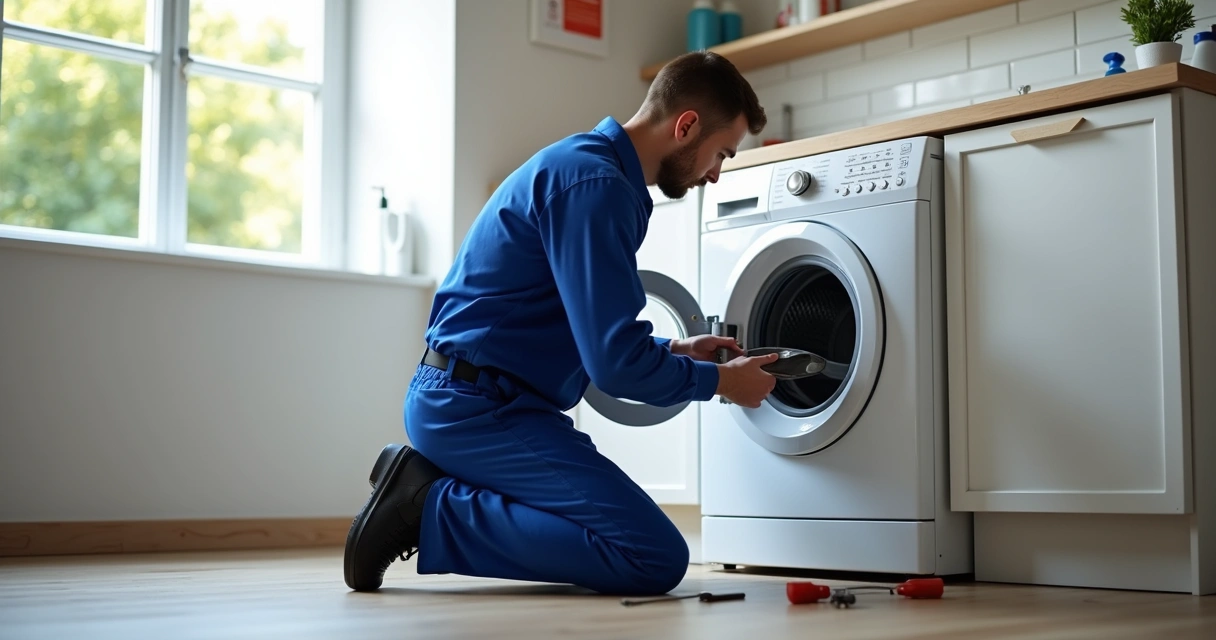 Técnico consertando máquina de lavar roupa na casa do cliente