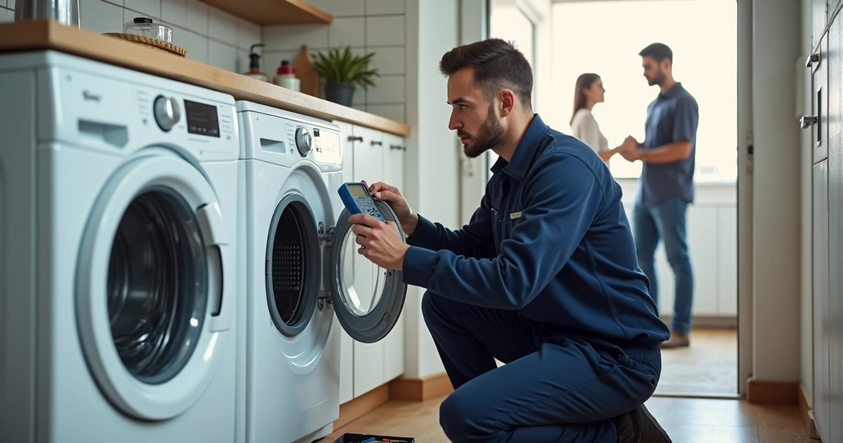 Técnico de assistência avaliando máquina de lavar na casa do cliente