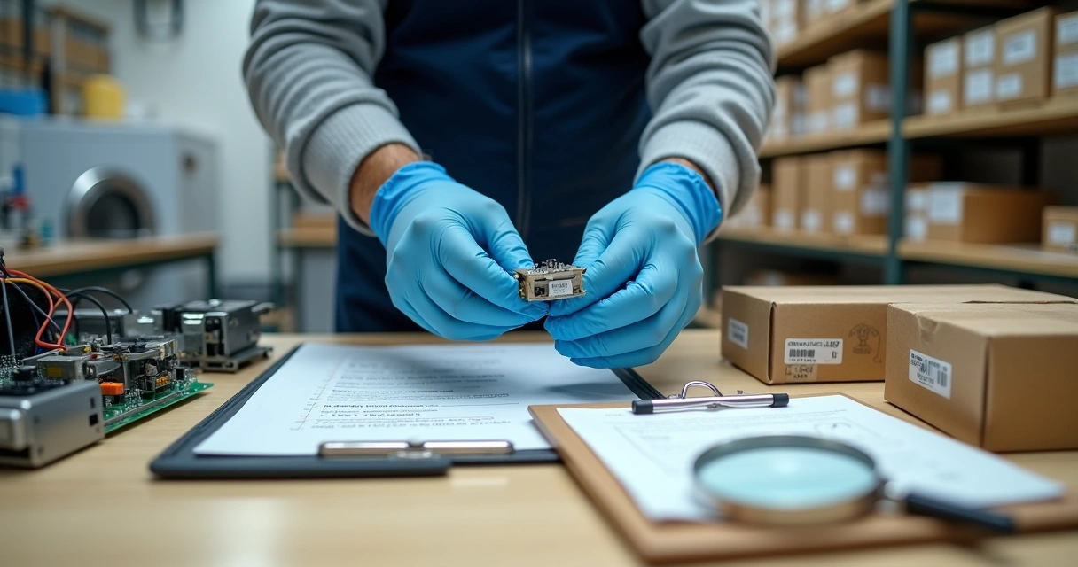 Técnico avaliando peça importada de eletrodoméstico sobre bancada de trabalho