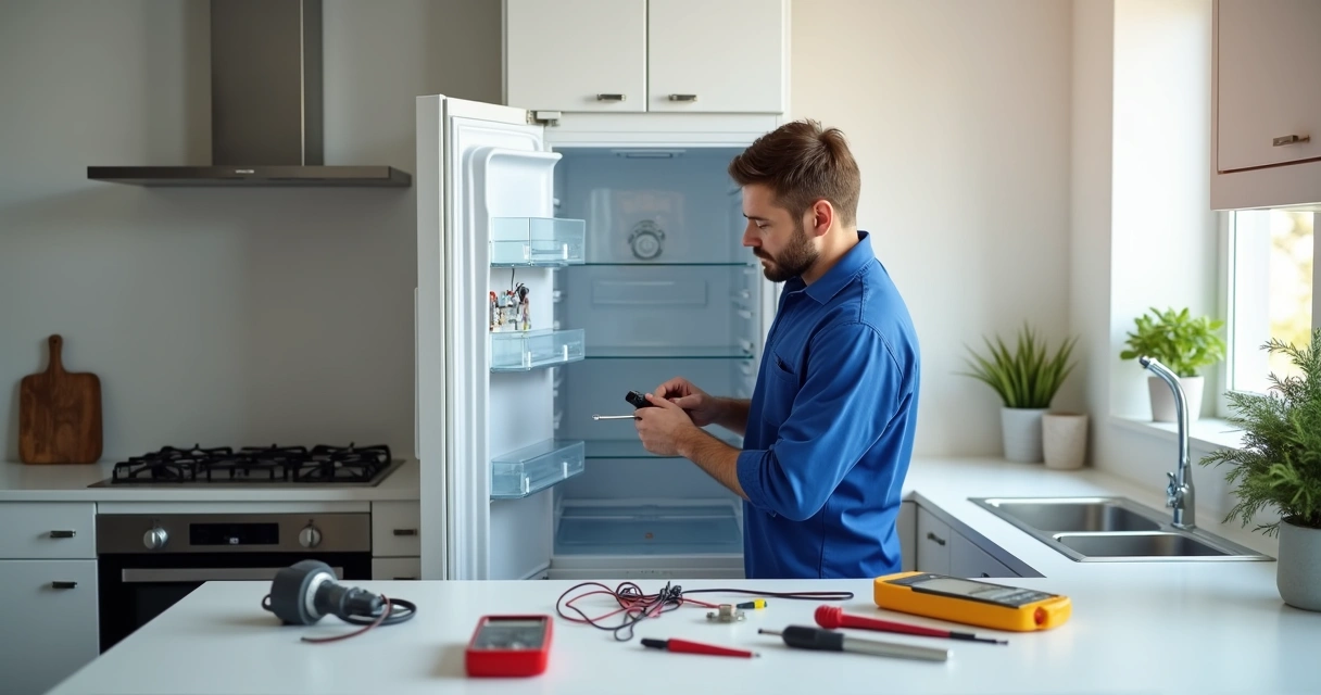 Técnico realizando conserto de geladeira branca aberta em cozinha moderna